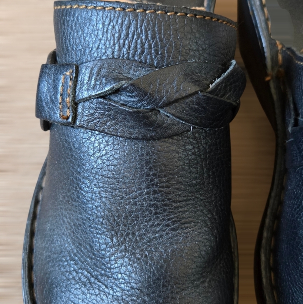 Born Shoes Black Leather Braided Mules Slip On Wedge Heels Size 8m - Picture 3 of 12
